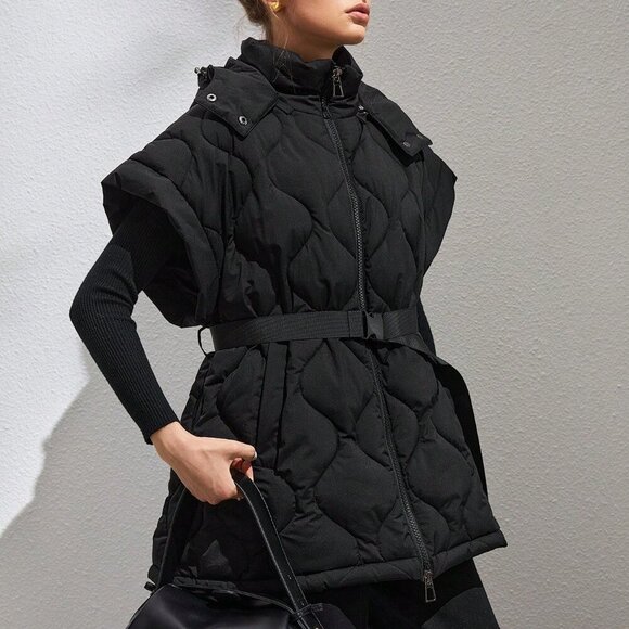 Black Casual Women's Zip Up Belted Vest Puffer Coat